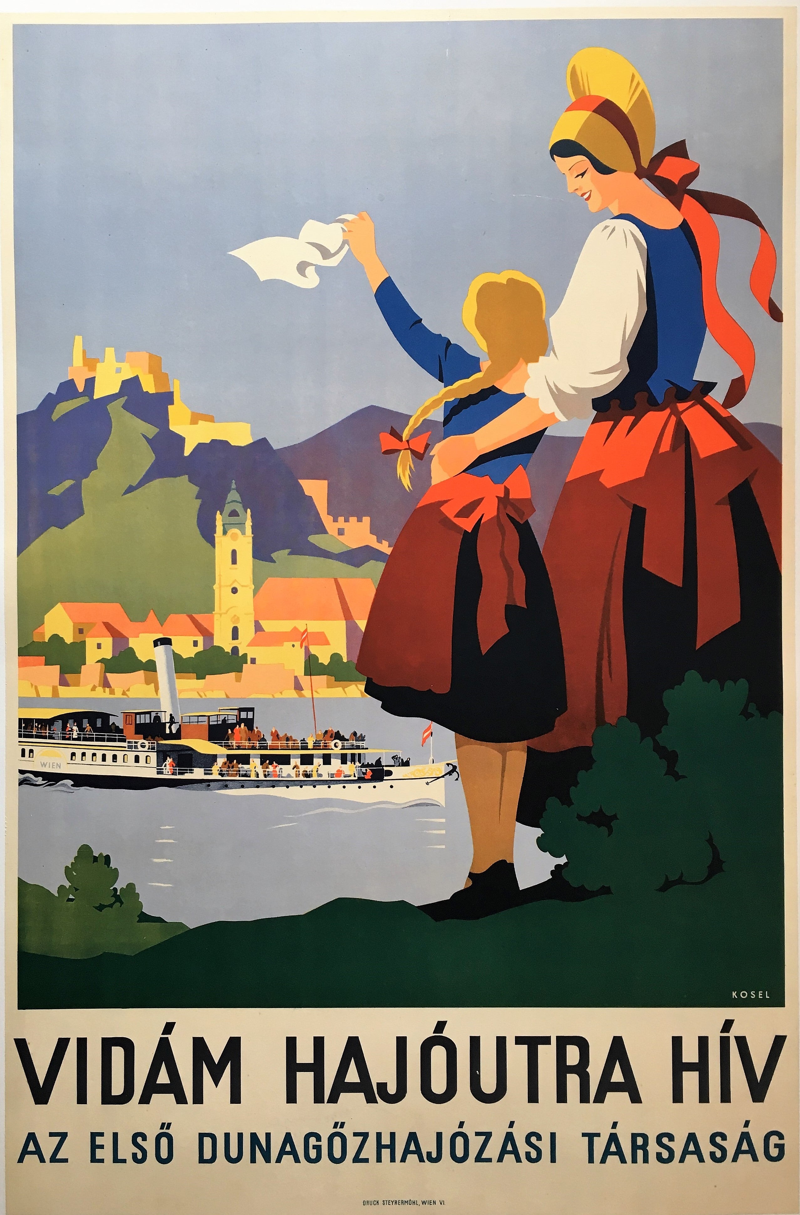 1930s Hungarian Travel Poster for the First Danube Steamship