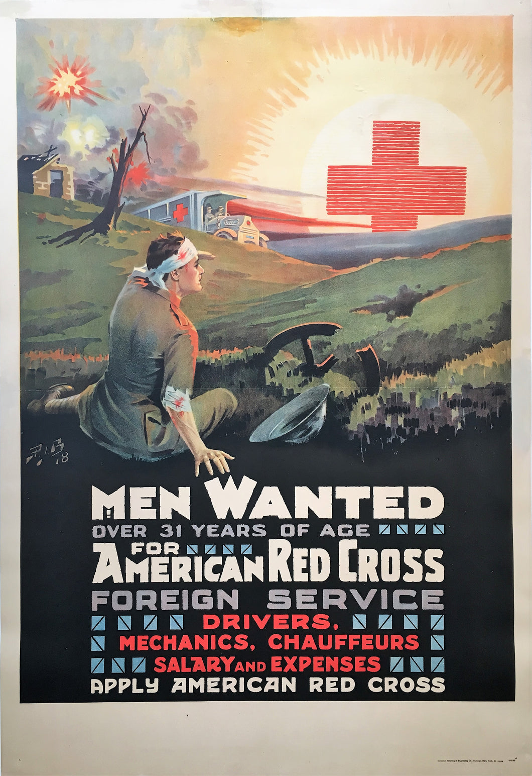 1918 Original American Red Cross Great War Poster, Men Wanted - Foreign Service Lithograph