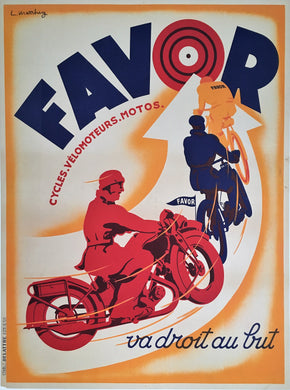 1930s Original French Art Deco Favor Cycling & Motorcycle Large Lithograph Poster