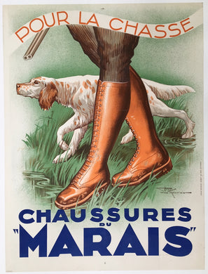 1930s Original French Art Deco Poster, Chaussures Du Marais, Boots for Hunting