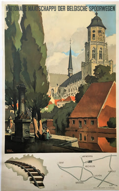 1946 Original Belgian Railway Lithograph Poster Lierre.  Nationale Maatschappij der Belgische Spoorwegen