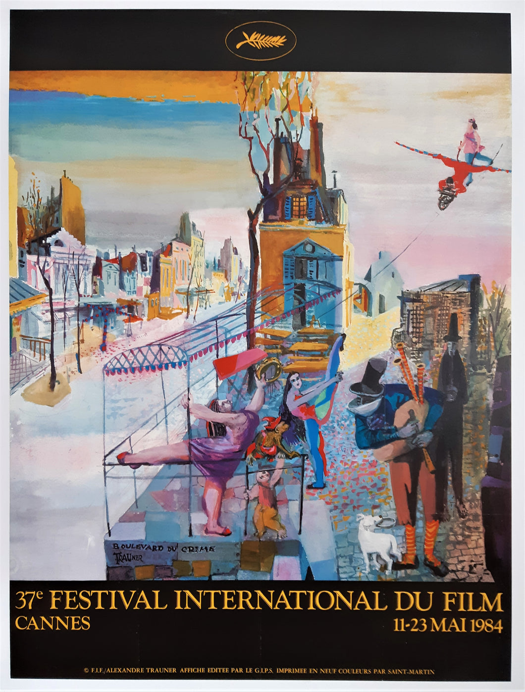 Very Large and Colorful 1984 Poster Lithograph for the 37th International Film Festival in Cannes, France