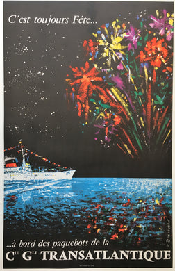 Beautiful 1950s C. G. Transatlantique Shipping Lines Original Poster - Beautiful Fireworks display