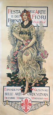 Beautiful Italian 1897 Art Noveau Large Size Original Art and Flower Poster - Florence