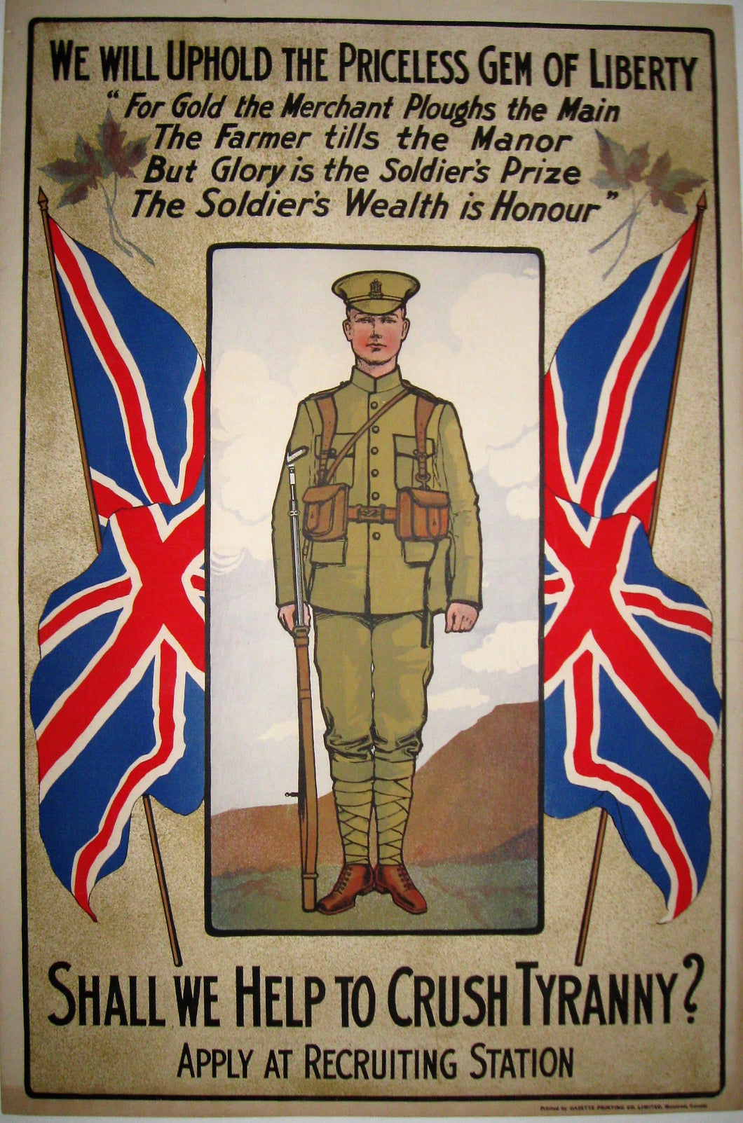 Canadian WWI Original Recruiting Poster, Uphold the Priceless Gem of Liberty, 1916