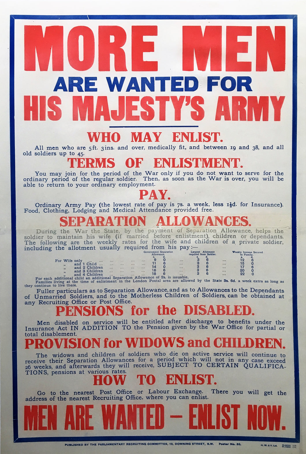 First World War More Men Wanted for His Majesty's Army 1915 enlistment poster.