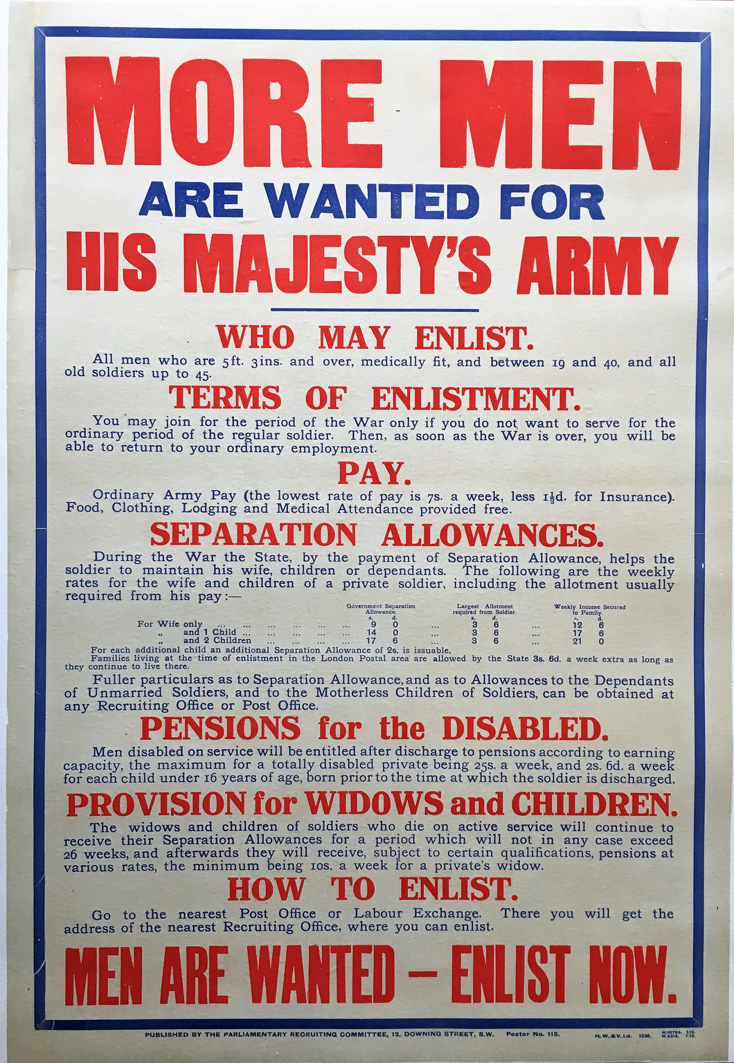 First World War More Men Wanted for His Majesty's Army 1915 enlistment poster.