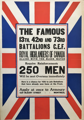 First World War Royal Highlander's of Canada, Black Watch 13th, 42nd & 73 Battalions Original Great War Recruiting Poster.