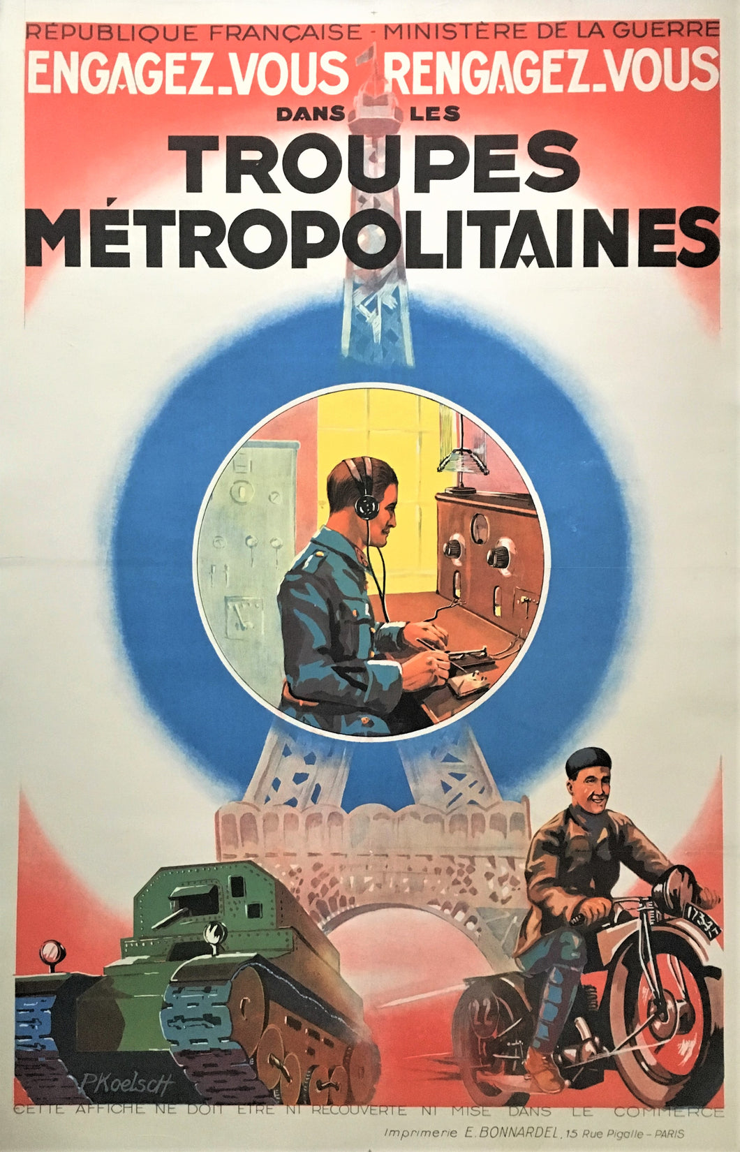 French 1920s Recruiting Poster for Troupes Metropolitaines - Original Lithograph