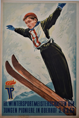 German Original 1952 Ski Poster for Winter Sports Championships of the Young Pioneers