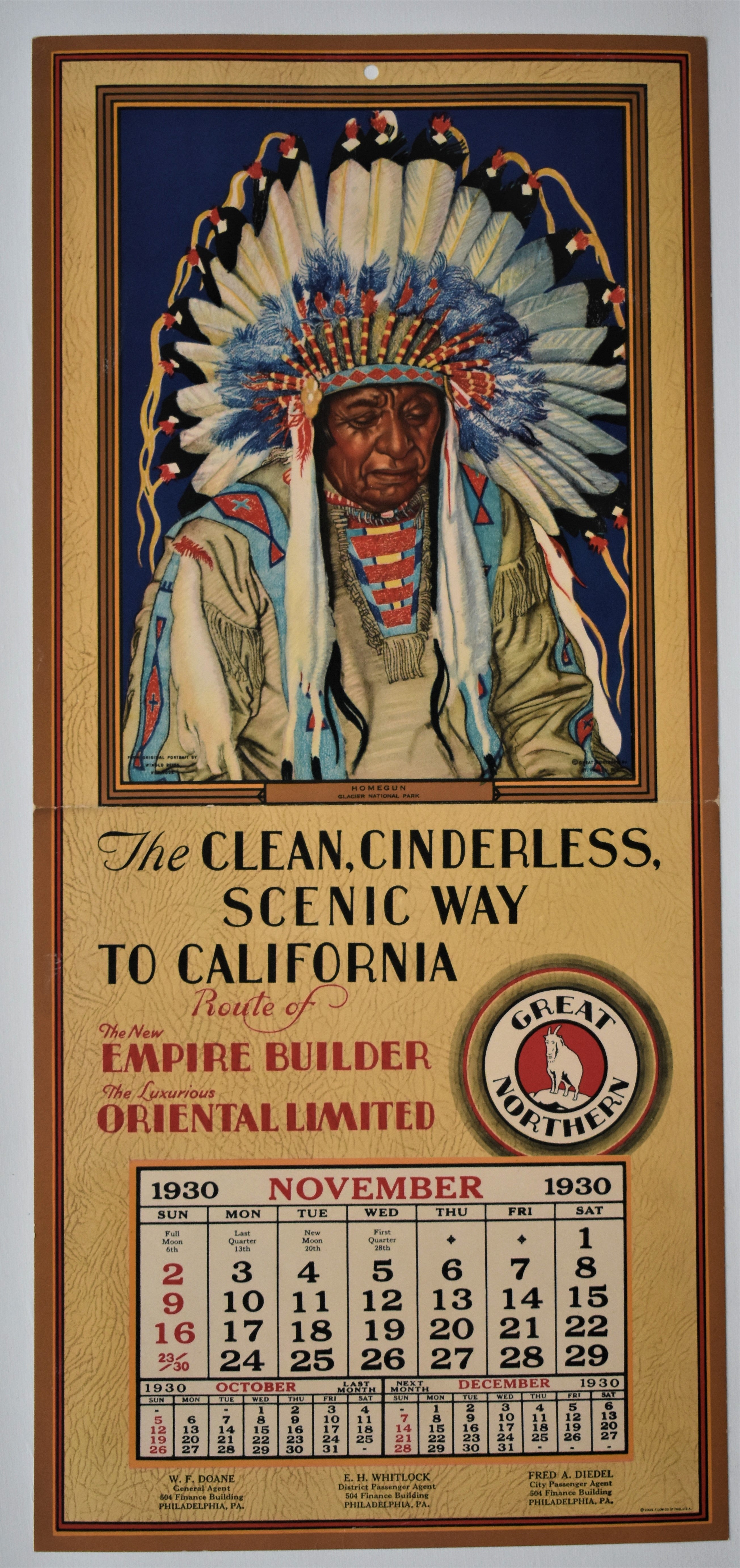 Great Northern Railway Native American Calendar for 1930