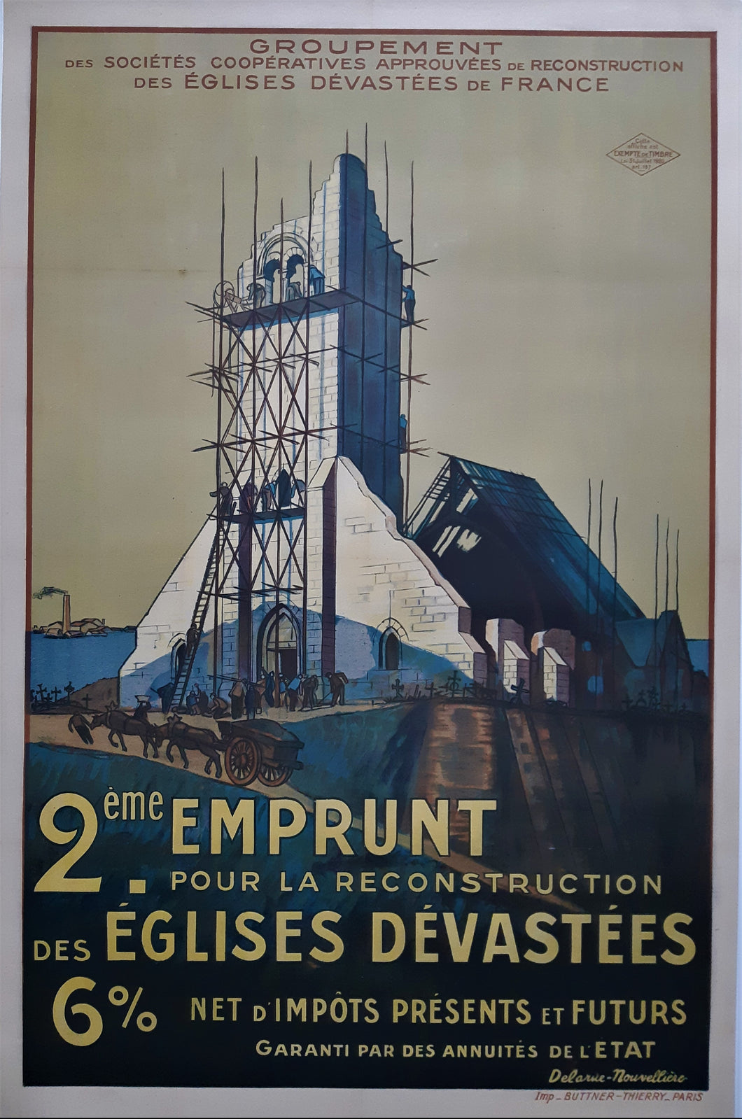 Great War French Poster for the Rebuilding of French Churches. 1920