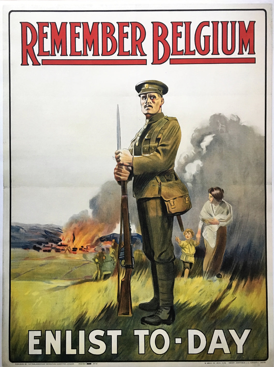 Iconic Original Remember Belgium British Recruiting Poster, 1914 First World War Lithograph