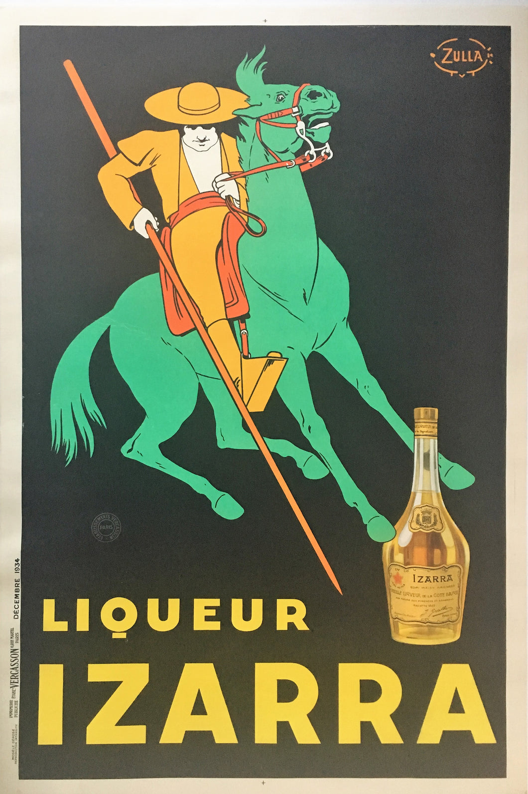 Liqueur Izarra Original Black 1934 Art Deco Lithograph Poster