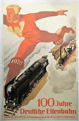 Original 1835-1935 German Railway Poster, 100 Year Anniversary.