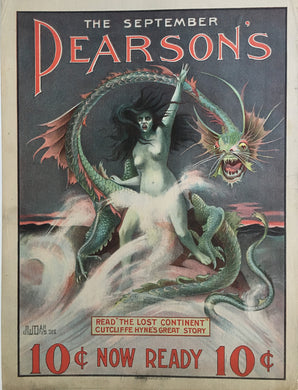Original 1899 Pearson’s Literary Poster featuring Dragon, Nude Woman, Lost Continent.