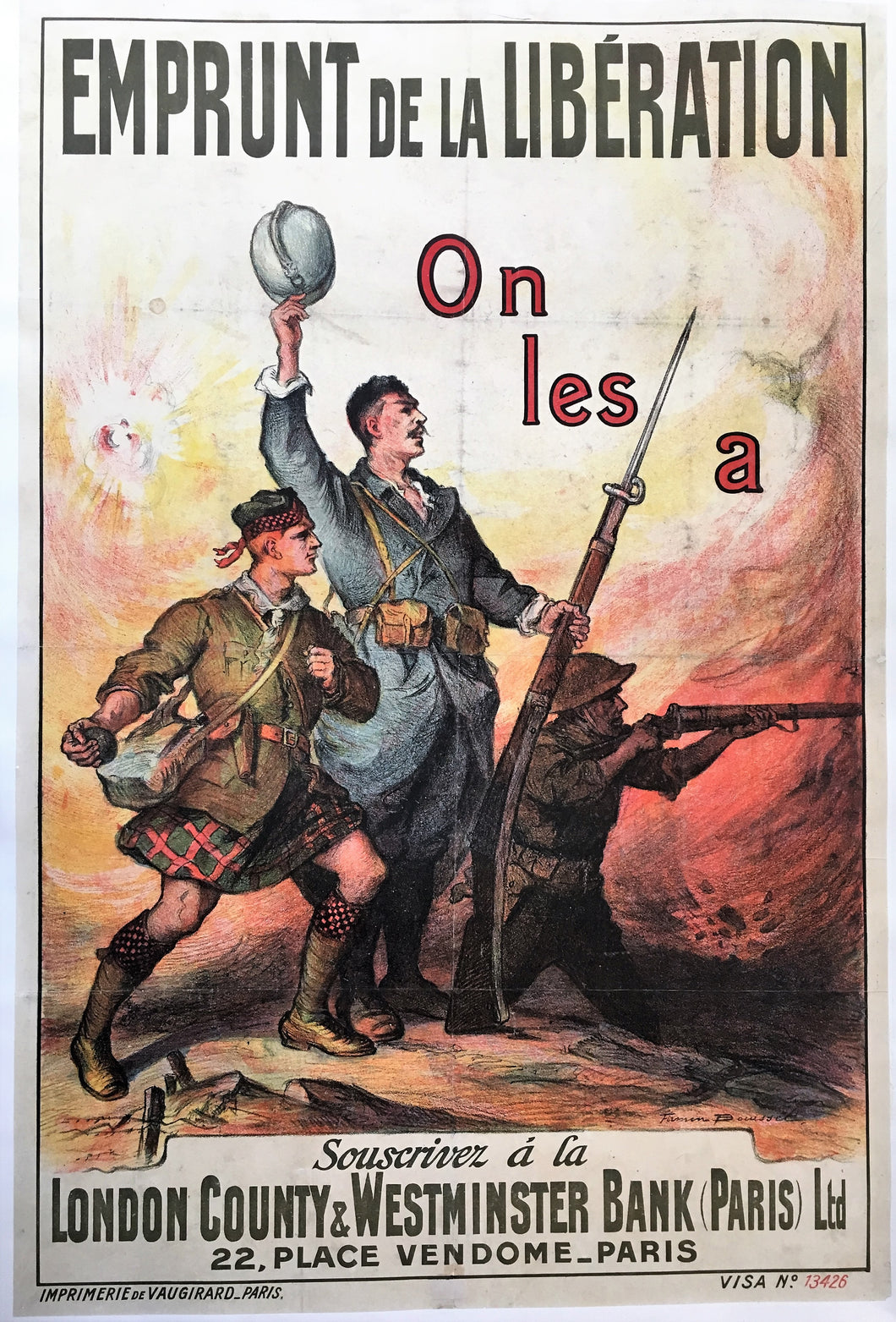 Original 1918 French on les a Poster - Great War Key Allies