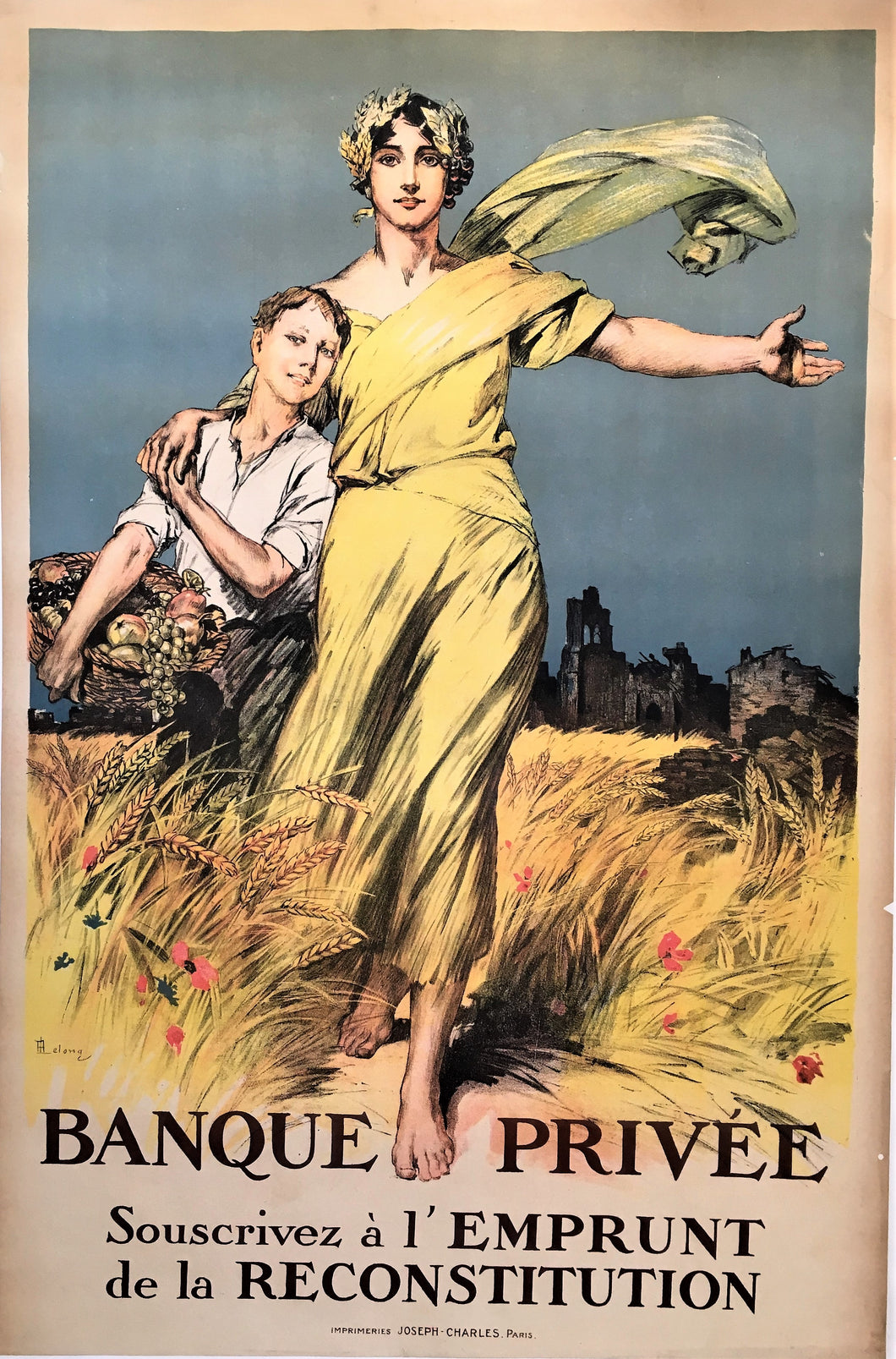 Original 1920 French Great War Reconstruction Poster for a Private Bank