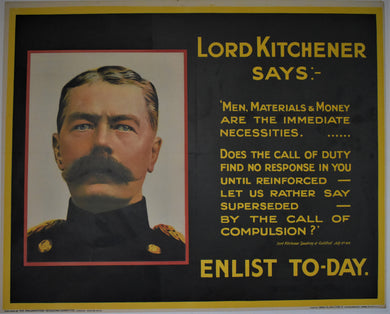Original British Great War Recruiting poster 1915, Lord Kitchener Says Enlist Today! First World War WW1