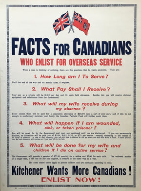 Original Canadian Great War Recruiting Poster,Facts for Canadians, Enlist Now!