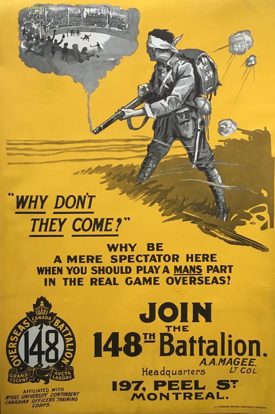 Original Canadian WWI Recruiting Poster for the 148th Battalion, Montreal.