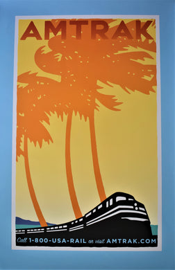 Original Graphic Art Advertising Poster Amtrak, Sun and Palmtrees - Michael Schwab