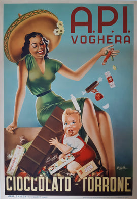Original Italian Chocolate Advertising Poster - API Voghera Cioccolato ca1950s