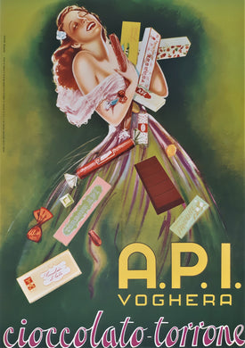 Original Italian Chocolate Advertising Poster, Woman in Green Dress - API Voghera Cioccolato 1955