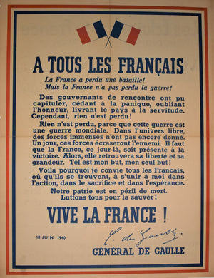 Original Rare WWII Poster, A Tous Les Francais Call to Arms by General De Gaulle