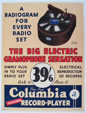 Original Vintage 1930s Advertising Poster for a Columbia Electric Record Player