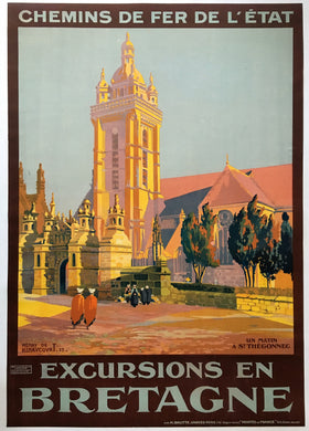 Original and Rare French State Railway Tourism Poster for Excursions to Bretagne.