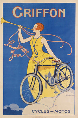 Rare ca1920s Griffon Cycles Poster Featuring a Rare Motor Attachment Bicycle, Motorized Bike