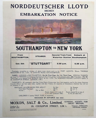 Scarce Embarkation Notice for Norddeutscher Lloyd, Cruise Ship.