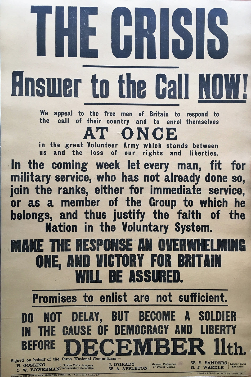 Very scarce The Crisis British Great War Broadside First World War WWI