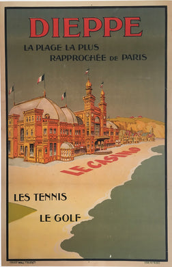 ca1900s Large French Dieppe poster, Featuring the Casino on the beach