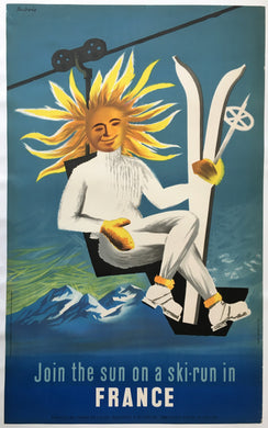 ca1950s Join the Sun on a Ski-Run in France, Travel Poster